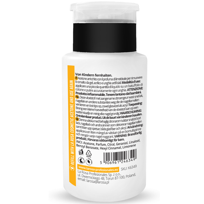 LaRosa COSMETIC ACETONE 190ml with Pump– Extra Strong Nail Polish & UV Gel Remover
